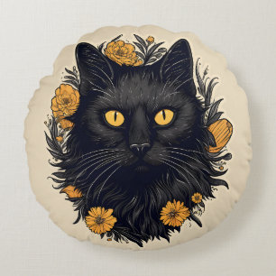 Black cat and yellow flowers round cushion