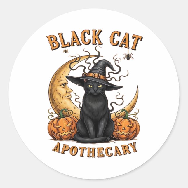 Black Cat Apothecary – Halloween Witchy Moon & Pum Classic Round Sticker (Front)