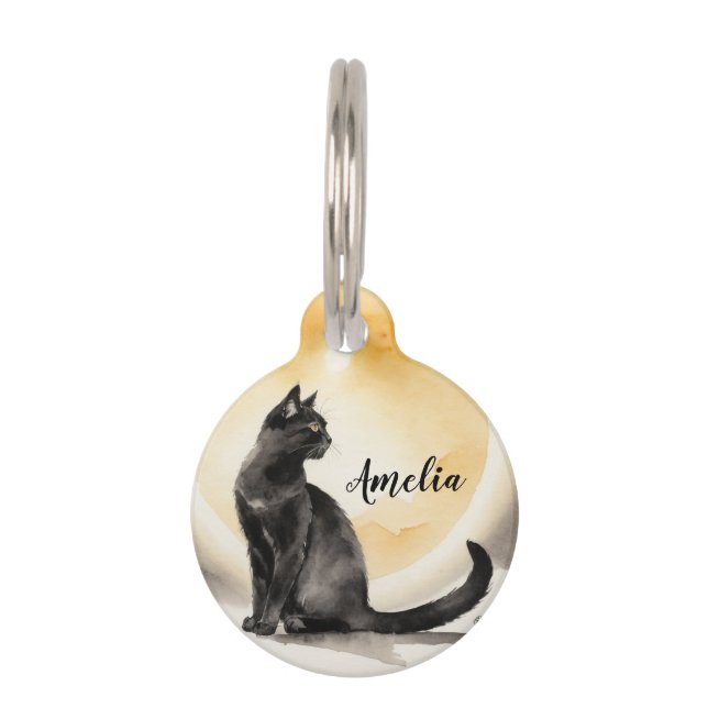 Black Cat Aquarell Pet Tag (Front)
