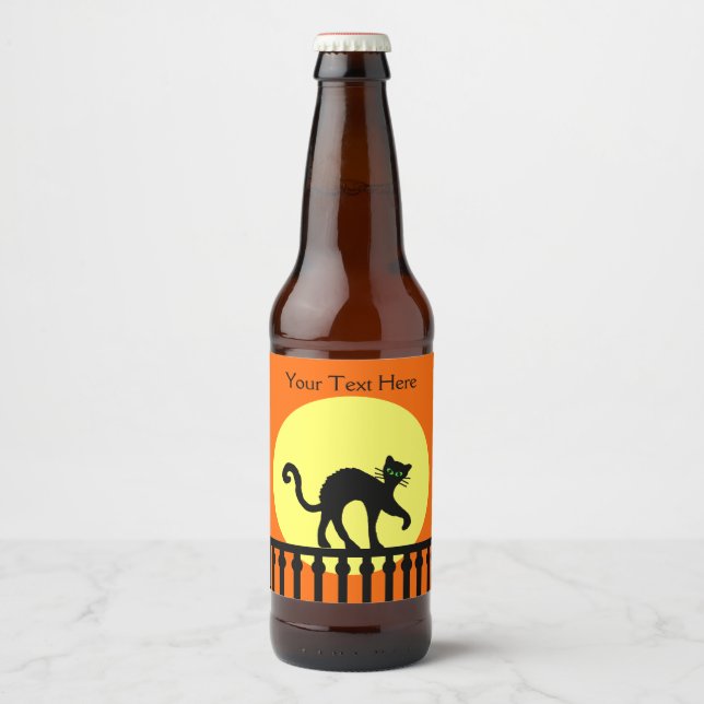Black Cat Arched Back on Fence Moon Bright Orange Beer Bottle Label (Front)