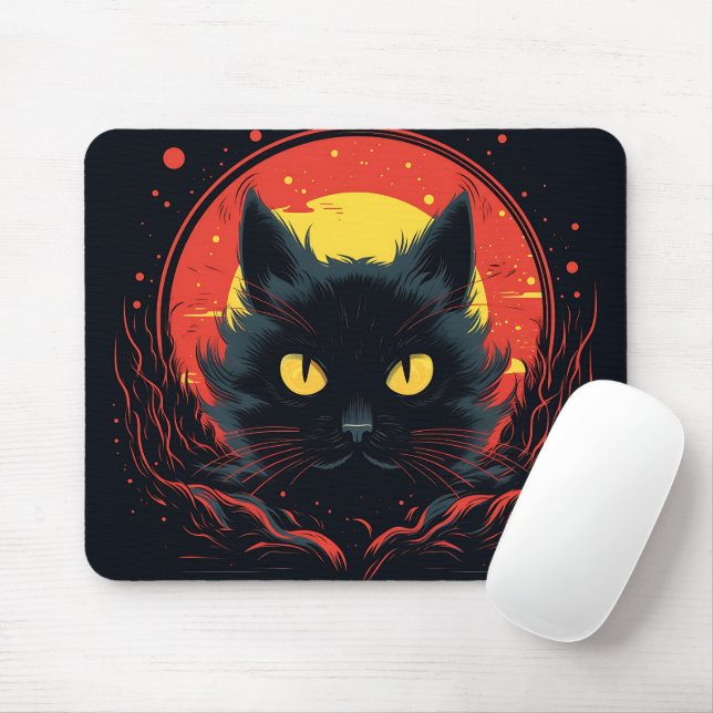 Black Cat Artful Illustration Graphic Halloween Mouse Mat (With Mouse)