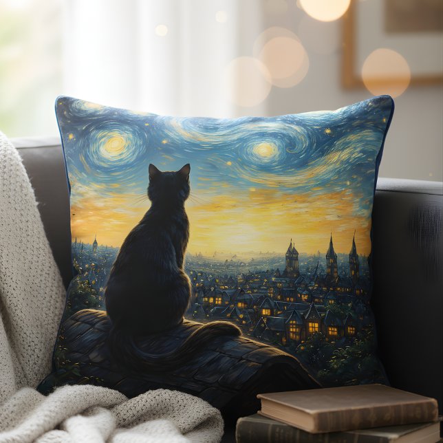  Black Cat Artistic & Celestial Town Decorative  Cushion (Creator Uploaded)