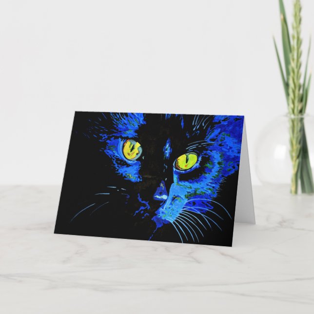 Black Cat Artistic Portrait With Striking Yellow E Card (Front)