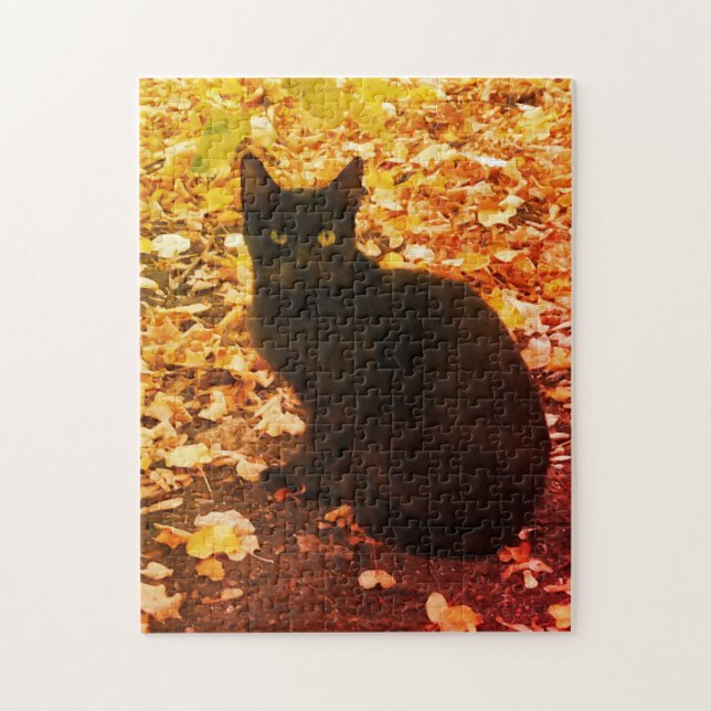 Black Cat Aurtumn leaves Photo Jigsaw Puzzle (Vertical)