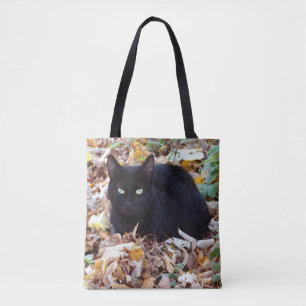 Black cat Autumn leaves All-Over-Print Tote Bag