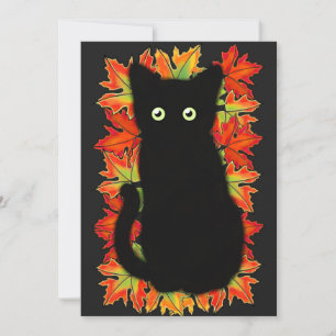 Black cat, Autumn leaves pattern, Halloween fun Invitation