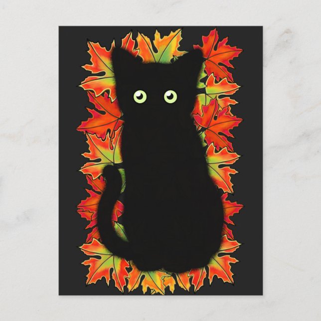 Black cat, Autumn leaves pattern, Halloween fun   Postcard (Front)
