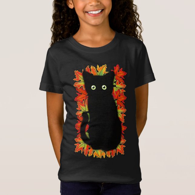 Black cat, Autumn leaves pattern, Halloween fun    T-Shirt (Front)
