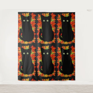 Black cat, Autumn leaves pattern, Halloween fun    Tapestry
