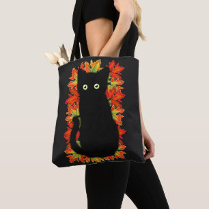Black cat, Autumn leaves pattern, Halloween fun    Tote Bag