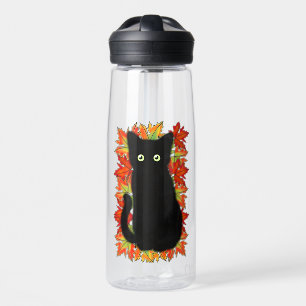 Black cat, Autumn leaves pattern, Halloween fun    Water Bottle