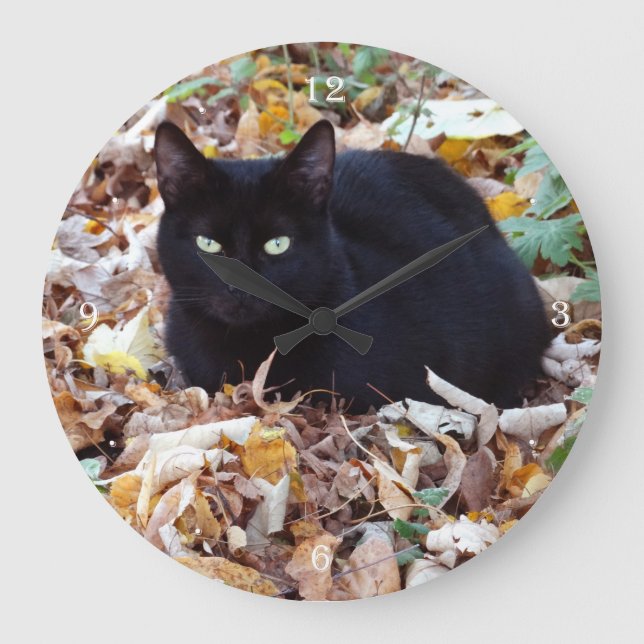 Black cat Autumn Photo Round (Large) Wall Clock (Front)