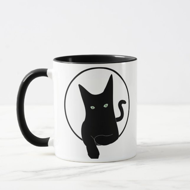 Black cat back view waking Painting Two-Tone Coffe Mug (Left)