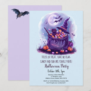 Black Cat Bag of Sweets Witch Hat Halloween party  Invitation