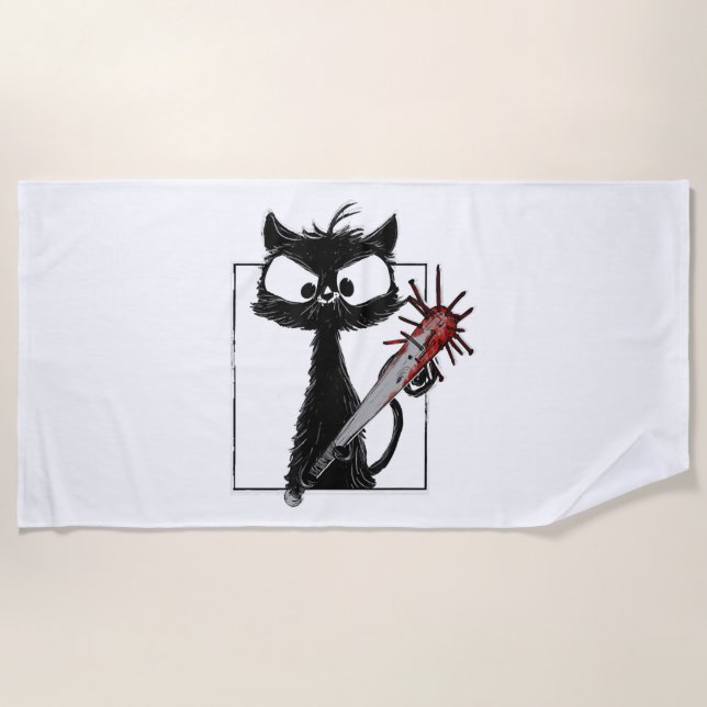 Black Cat Baseball Horror Halloween Beach Towel (Front)