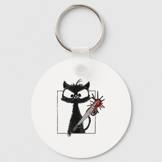 Black Cat Baseball Horror Halloween Key Ring (Front)