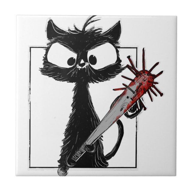 Black Cat Baseball Horror Halloween Tile (Front)
