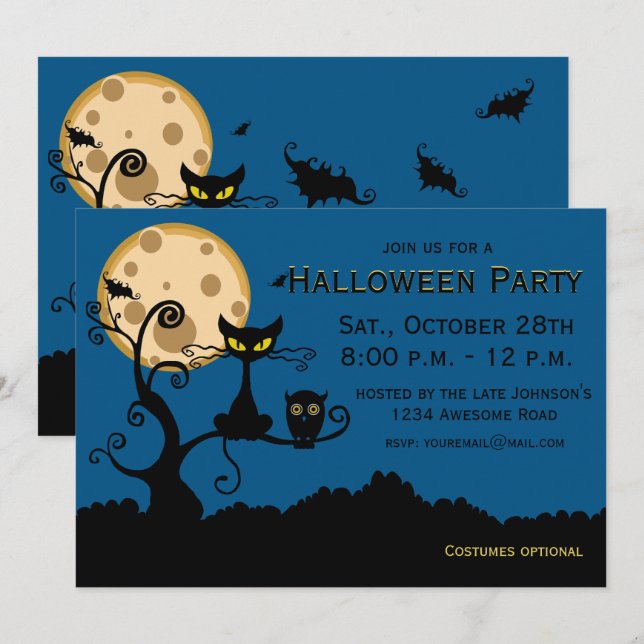 Black Cat, Bat, and Owl Halloween Invitation (Front/Back)