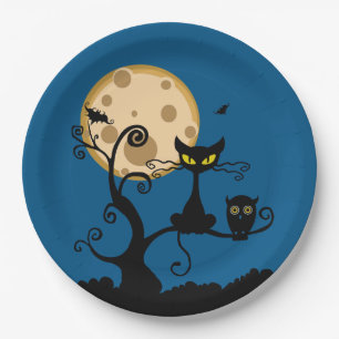 Black Cat, Bat, and Owl Halloween Paper Plate