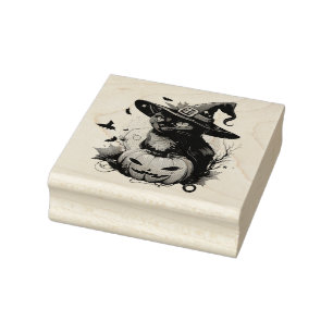 Black Cat, Bats and Jack-O-Lantern Rubber Stamp
