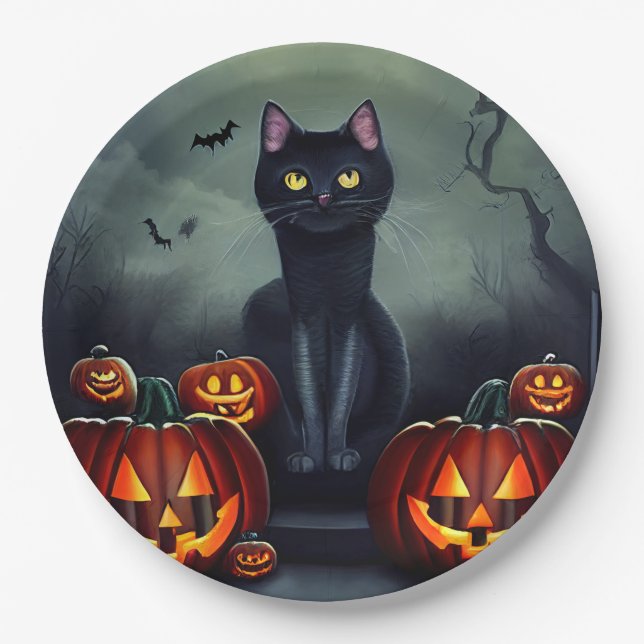 Black Cat, Bats and Jack-O-Lanterns  Paper Plate (Front)