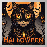 Black Cat, Bats, Jack-O-Lantern and Full Moon
