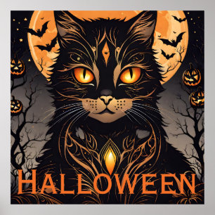 Black Cat, Bats, Jack-O-Lantern and Full Moon Poster