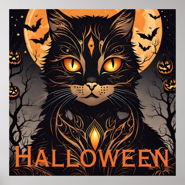 Black Cat, Bats, Jack-O-Lantern and Full Moon Poster (Front)