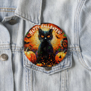 Black Cat Bats Pumpkins Whimsical Personalised 10 Cm Round Badge