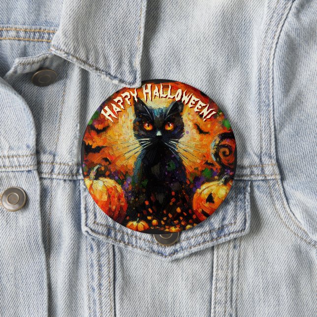 Black Cat Bats Pumpkins Whimsical Personalised 10 Cm Round Badge (In Situ)