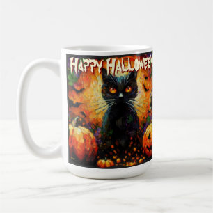 Black Cat Bats Pumpkins Whimsical Personalised Coffee Mug