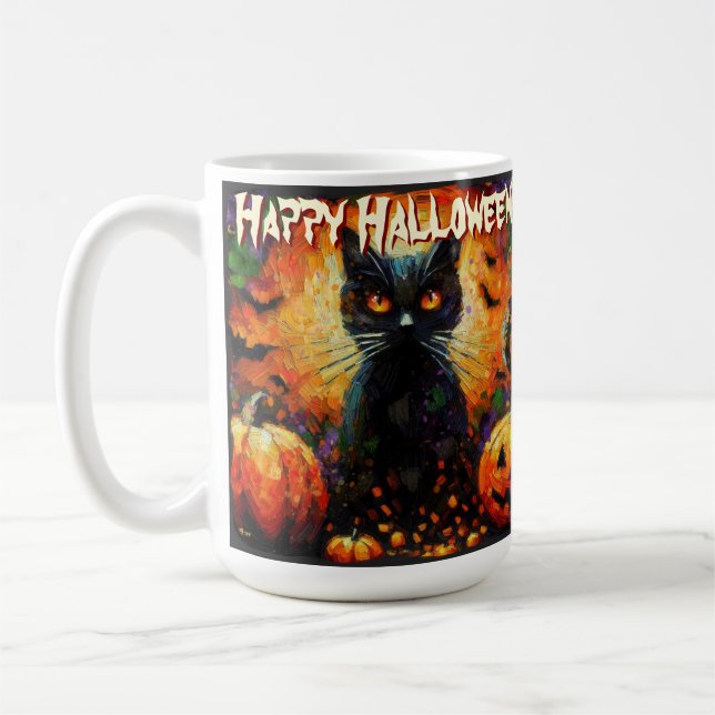 Black Cat Bats Pumpkins Whimsical Personalised Coffee Mug (Left)