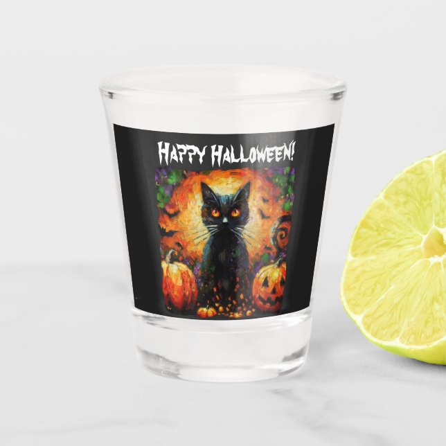 Black Cat Bats Pumpkins Whimsical Personalised Shot Glass (Front)