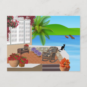 BLACK CAT BEACH PATIO 002 HAPPY VACATION BACKGROUN POSTCARD