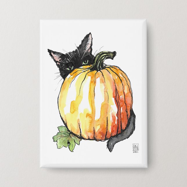 Black Cat Behind Pumpkin Button (Front)