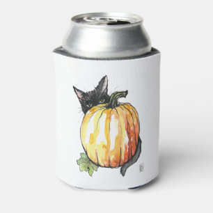 Black Cat Behind Pumpkin Can Cooler