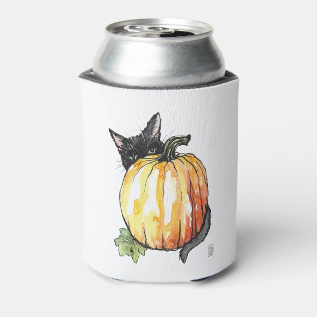 Black Cat Behind Pumpkin Can Cooler (Can Back)