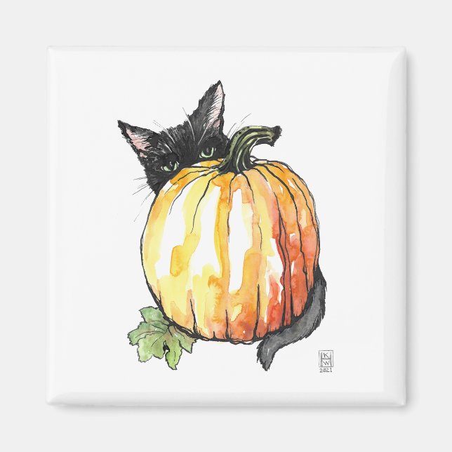 Black Cat Behind Pumpkin Magnet (Front)
