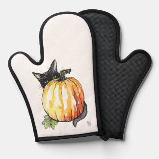 Black Cat Behind Pumpkin Oven Mitt