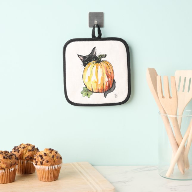Black Cat Behind Pumpkin Pot Holder (Insitu(Hanging))