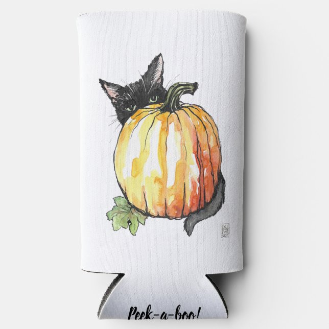 Black Cat Behind Pumpkin Slim Seltzer Can Koozie (Front)