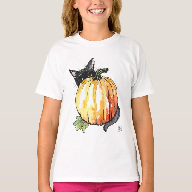 Black Cat Behind Pumpkin Tee Shirt (Front)