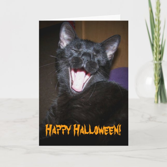 Black Cat Big Yawn Happy Halloween Greeting Card (Front)