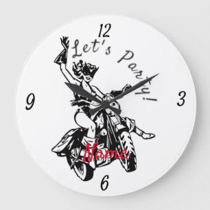 Black Cat Biker Babe Thunder_Cove Large Clock