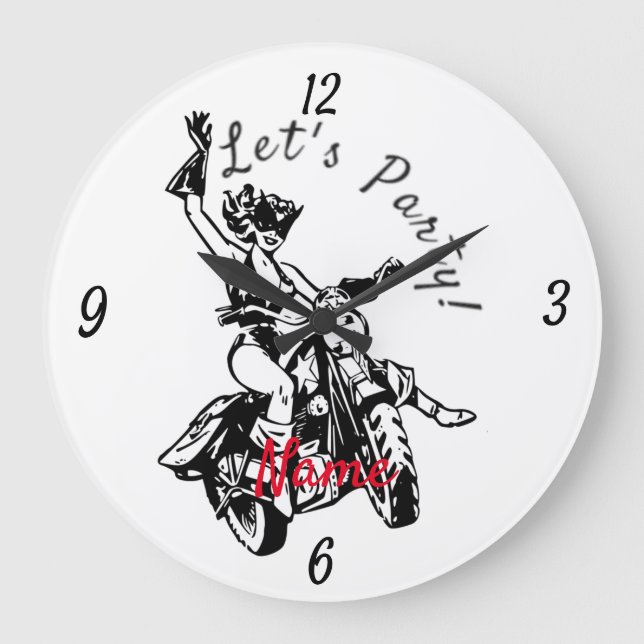 Black Cat Biker Babe Thunder_Cove Large Clock (Front)