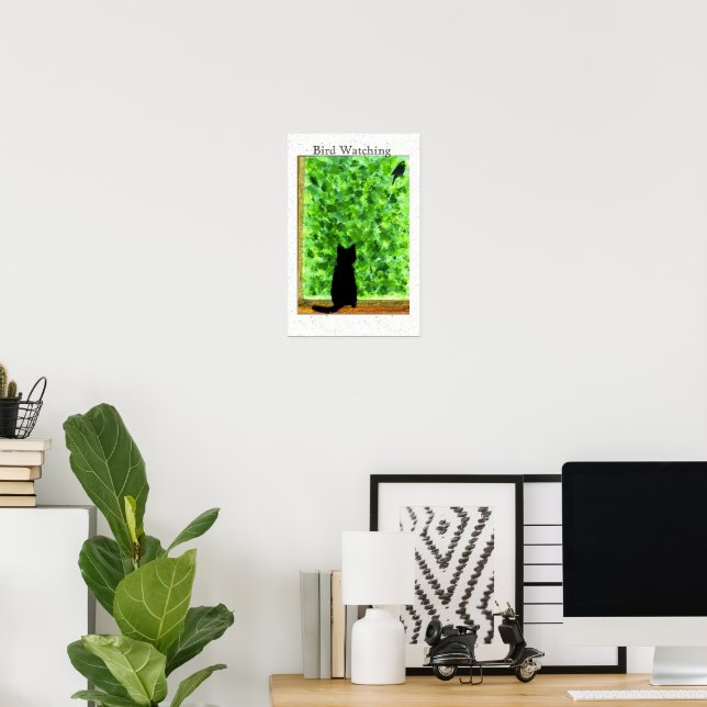 Black Cat Bird Watching Fun Animal Art Poster (Home Office)