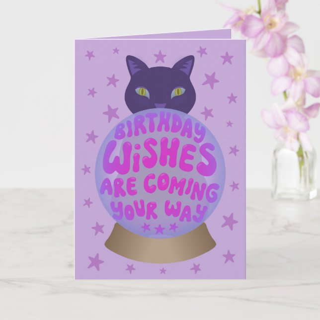 Black Cat Birthday Fortune Card (Orchid)