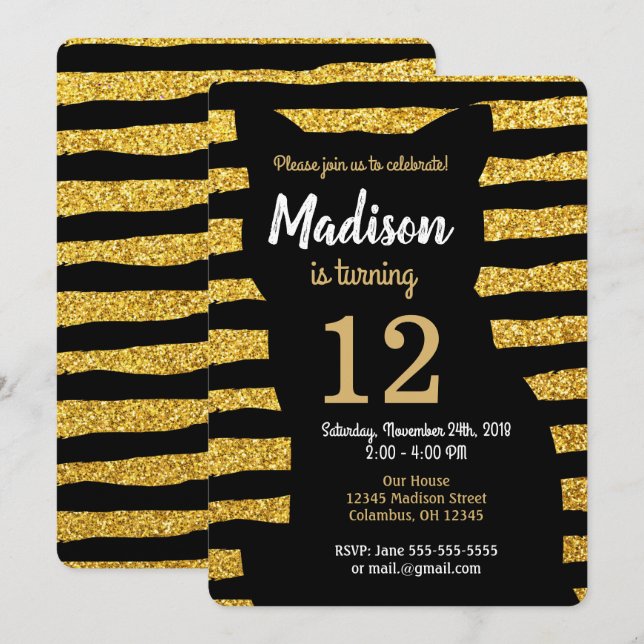 Black Cat Birthday Invitation / Glam / Glitter (Front/Back)