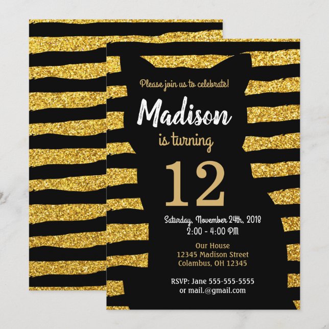 Black Cat Birthday Invitation / Glam / Glitter (Front/Back)