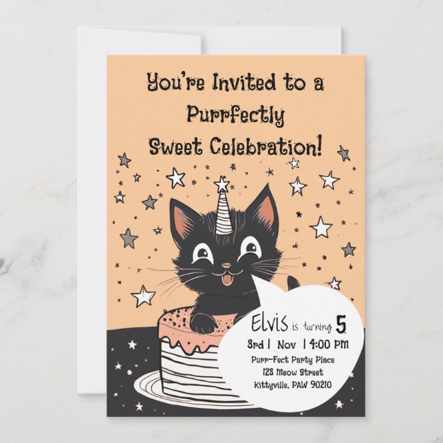Black Cat Birthday Party Stars Pink Cake Kids Cute Invitation (Front)